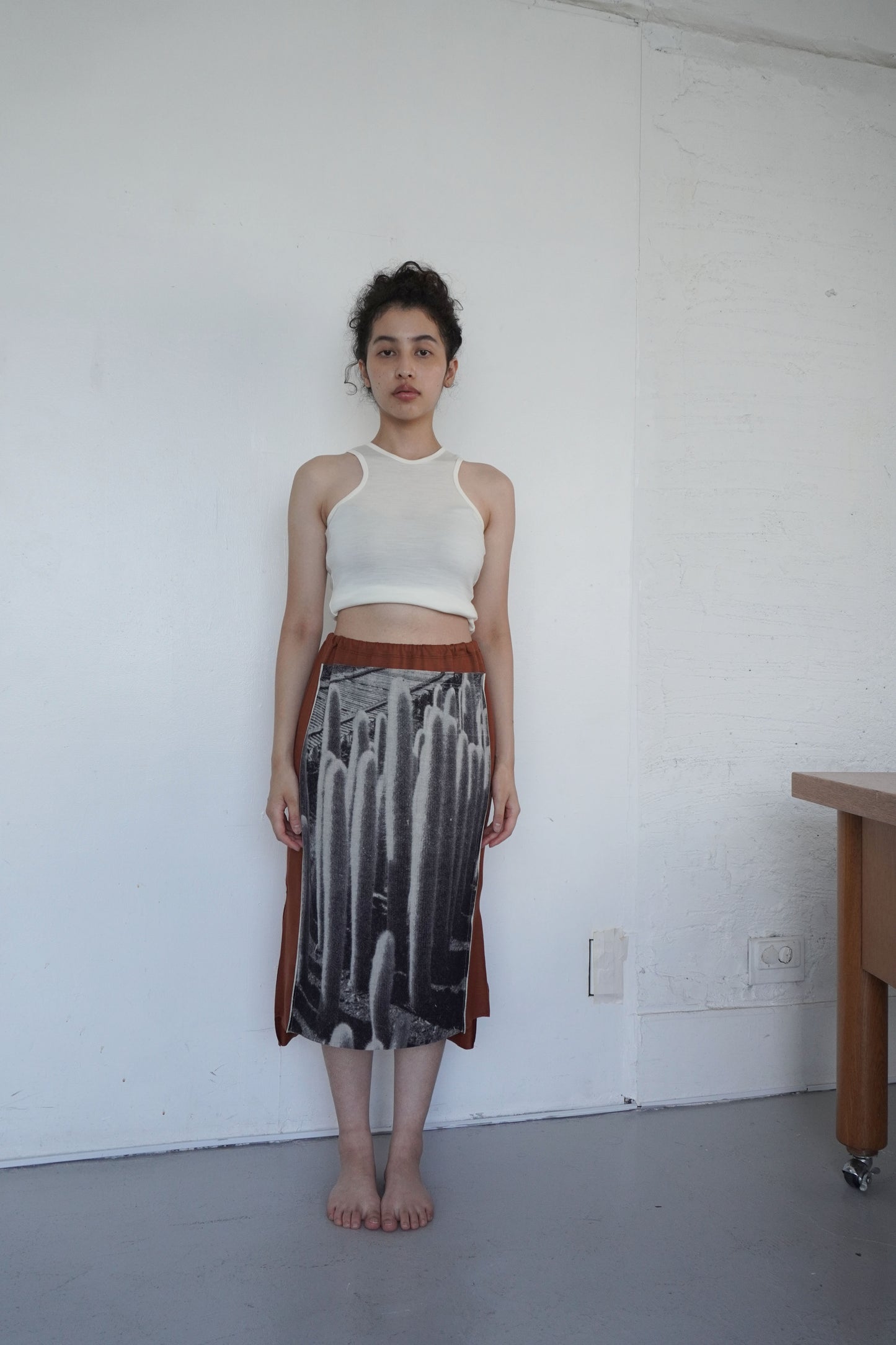 Front Panel Skirt in Desert Cactus / Cloud Wool Jersey