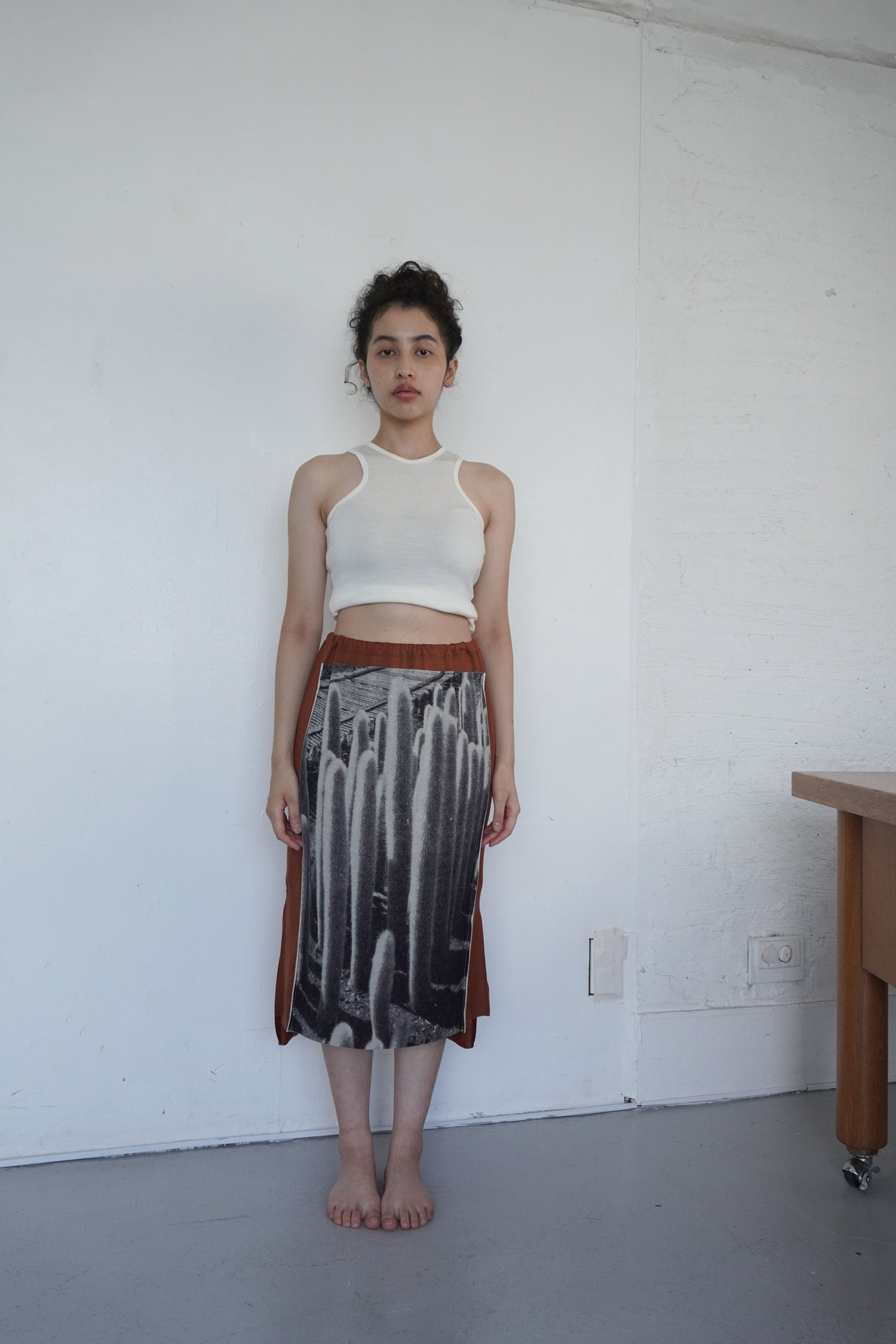 Front Panel Skirt in Desert Cactus / Cloud Wool Jersey