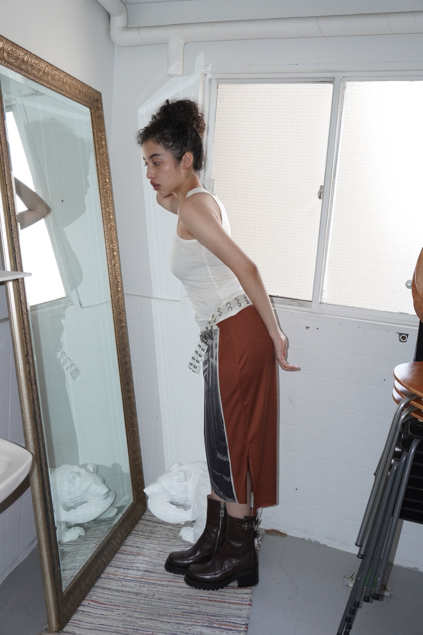 Front Panel Skirt in Desert Cactus / Cloud Wool Jersey